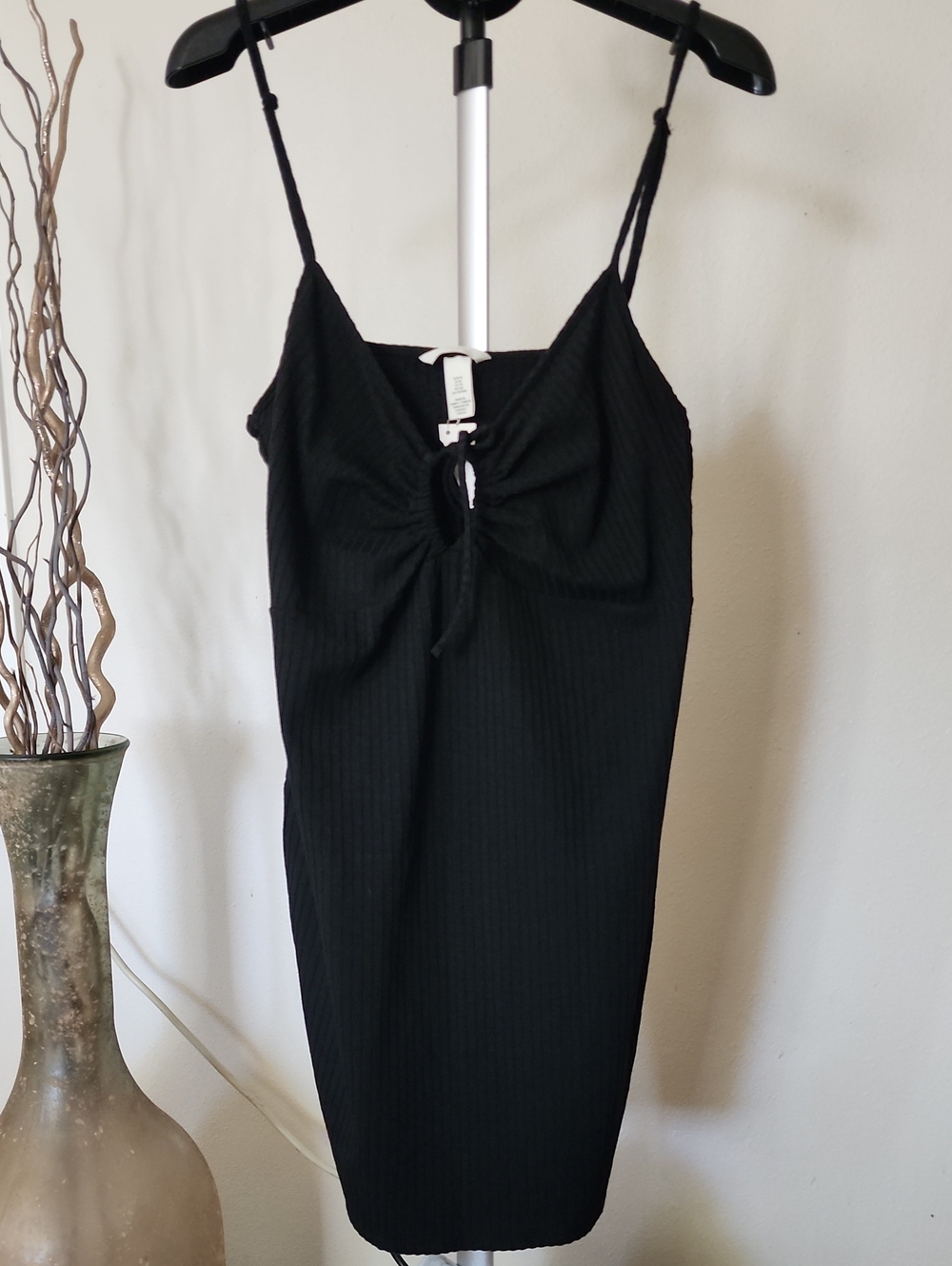 H&M Black Ribbed Tie-Front Slip Mini Dress